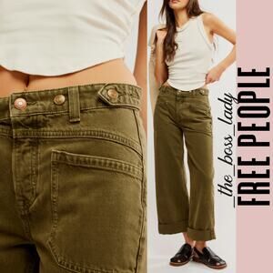 Free People wide-leg jeans cuffed green boho cotton 30